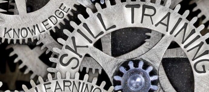 cogs intersecting, showing labels of knowledge, training, skills